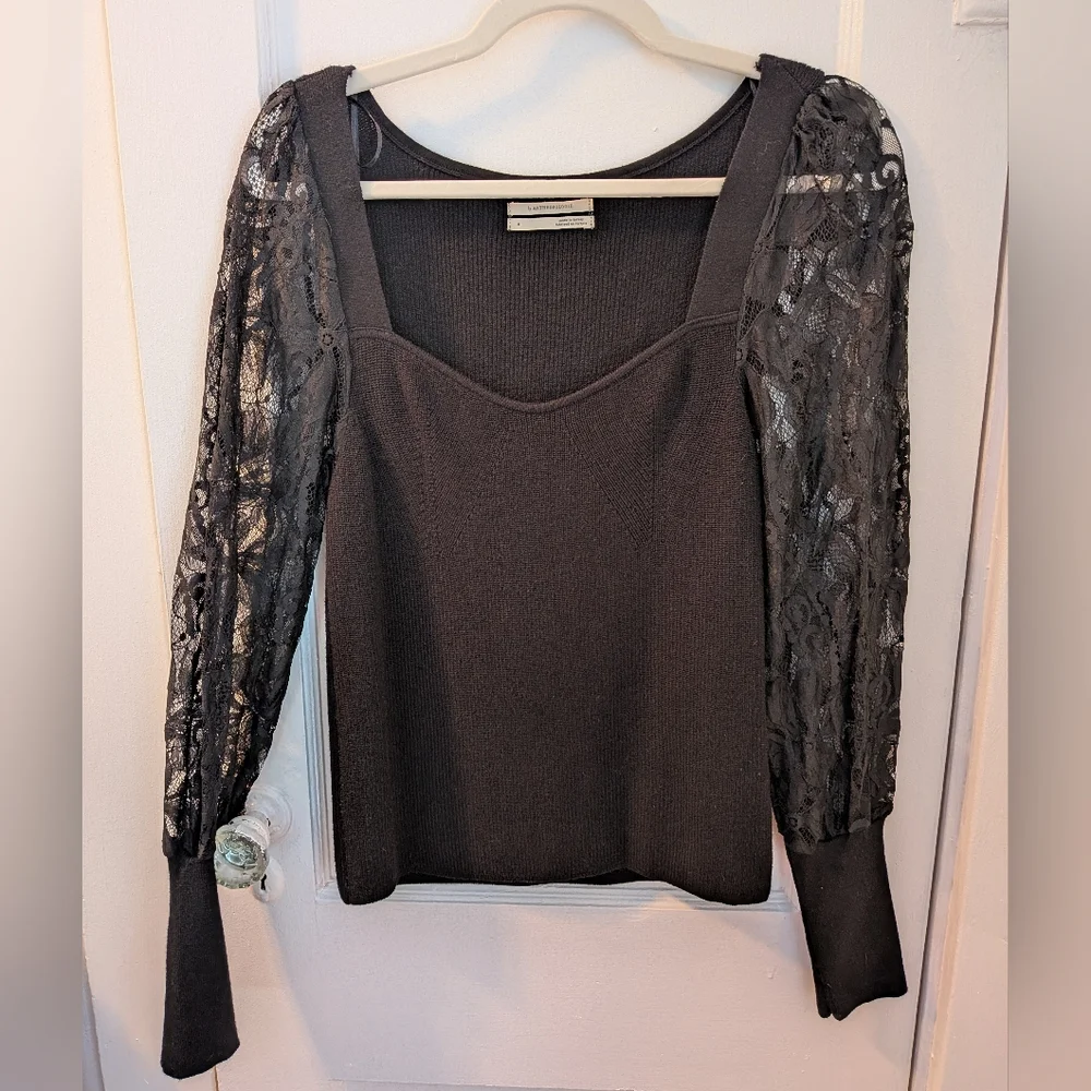 By Anthropologie Black Lace Long Sleeve Sleeve Sweater Top - Size M
